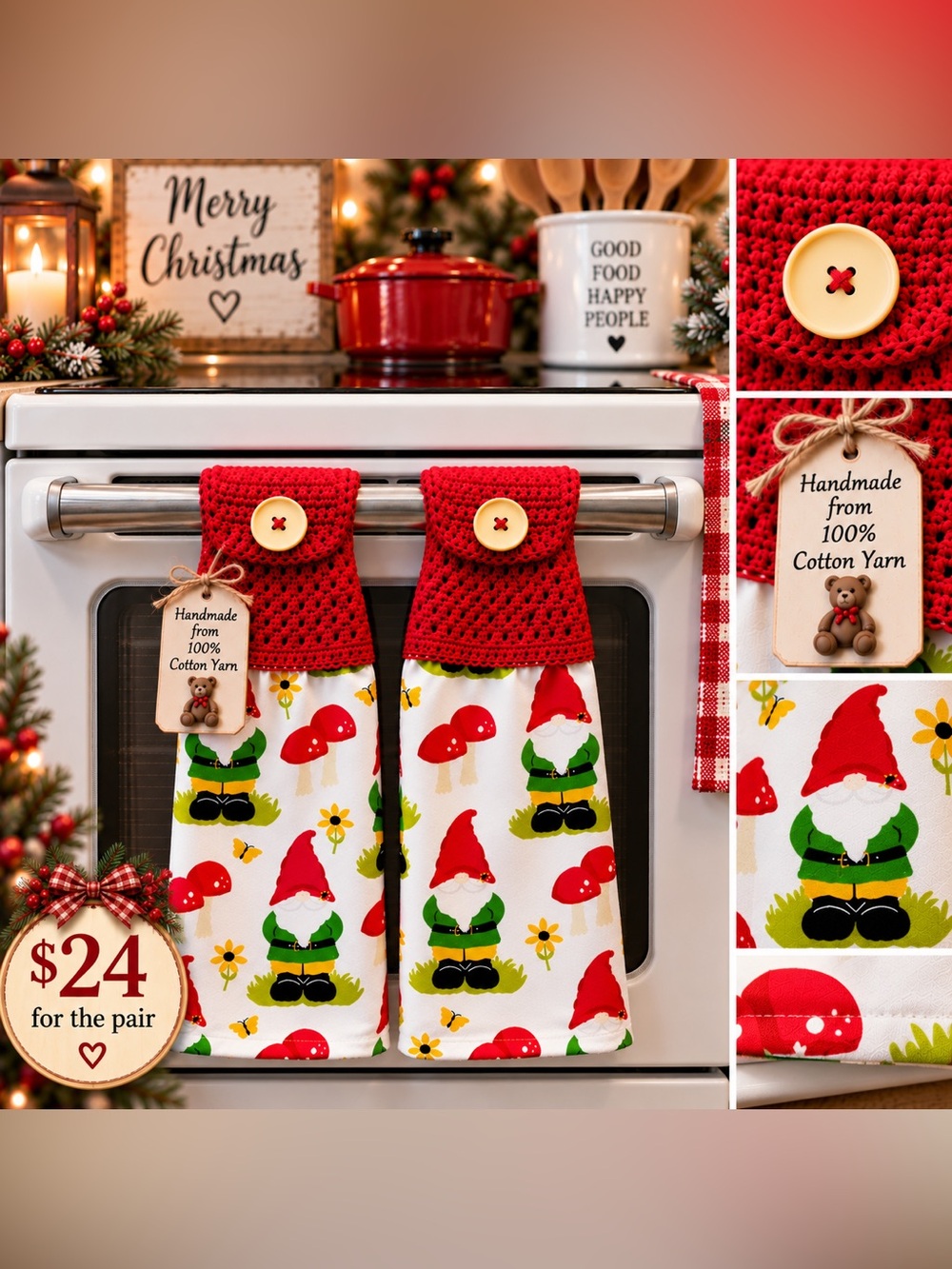 Gnome Kitchen Towels Set of 2 | Red Cotton Crochet Star Stitch Toppers